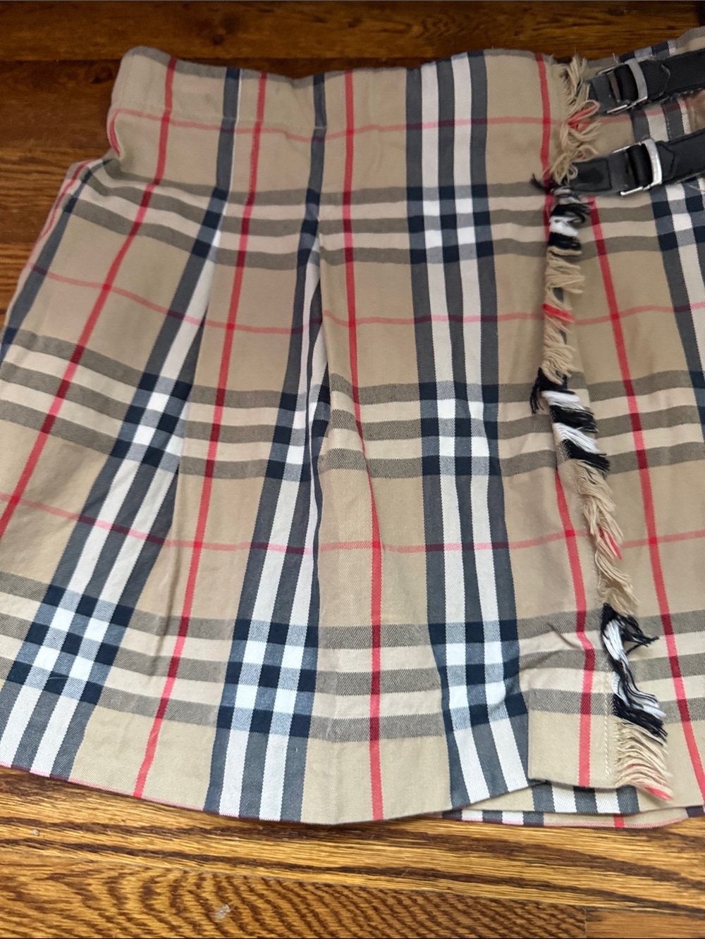 Burberry Beige Plaid Mini Skirt with Buckle Detail